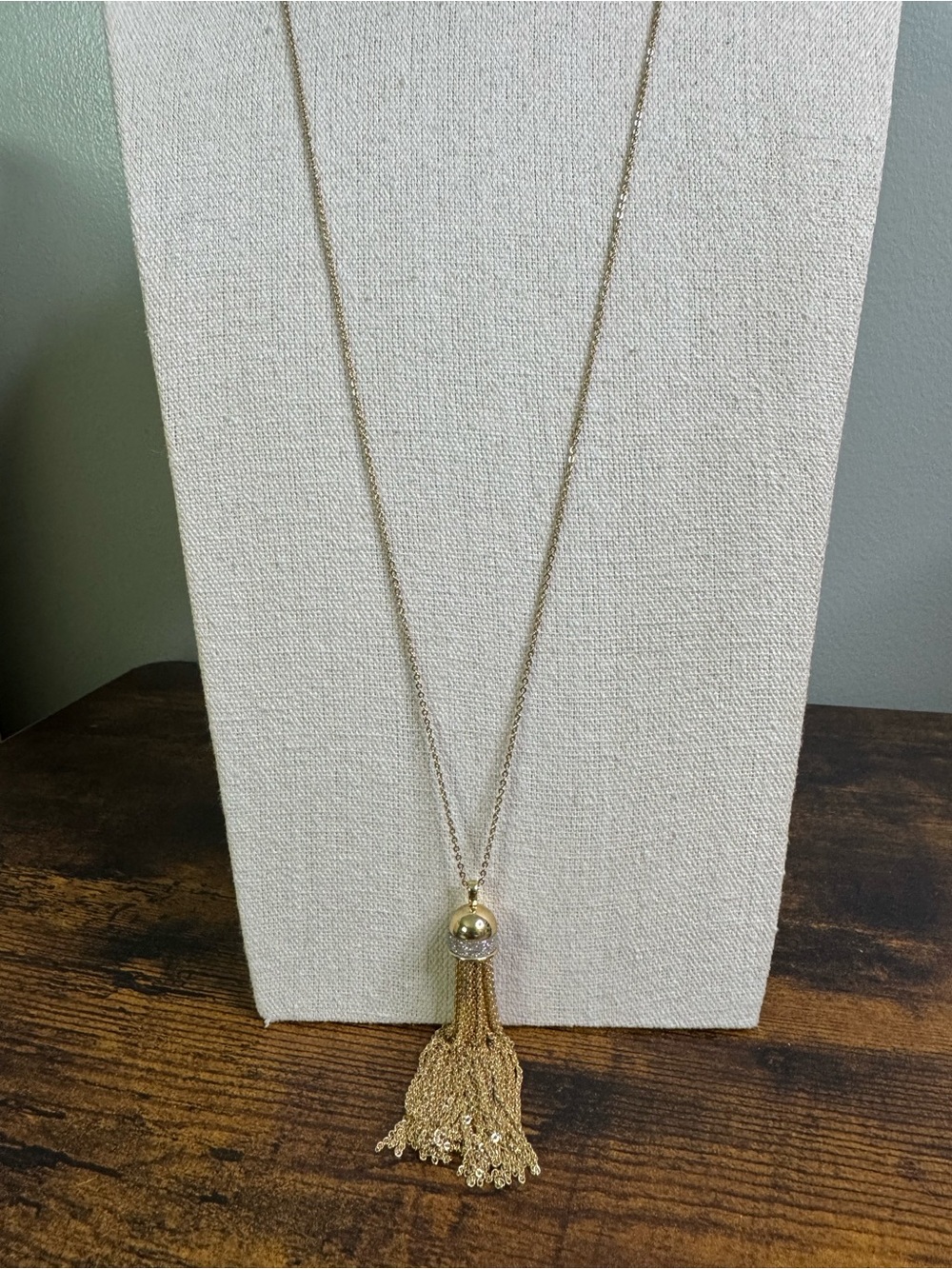 Gold- Tone Long Tassel Pendant Necklace with Crystal Accents Art Deco Glam